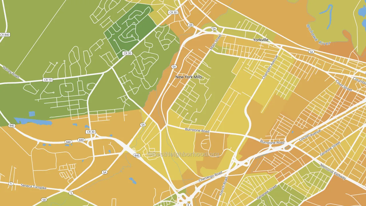 Map of the best neighborhoods in the New York Mills area, with better matches in green and worse matches in red