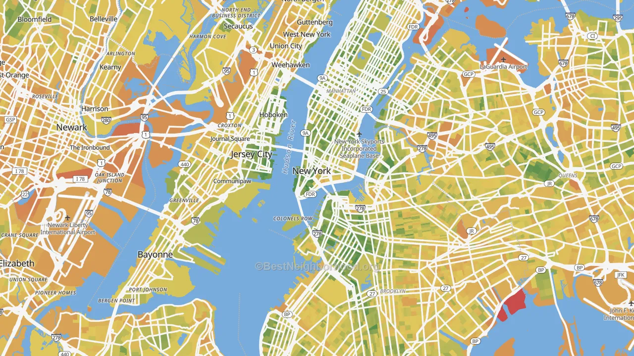 Map of the best neighborhoods in the New York Metro area, with better matches in green and worse matches in red