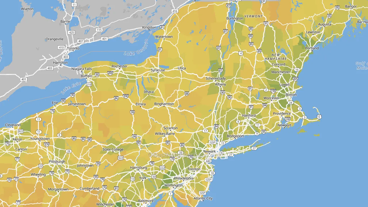 Map of the best neighborhoods in the New York area, with better matches in green and worse matches in red