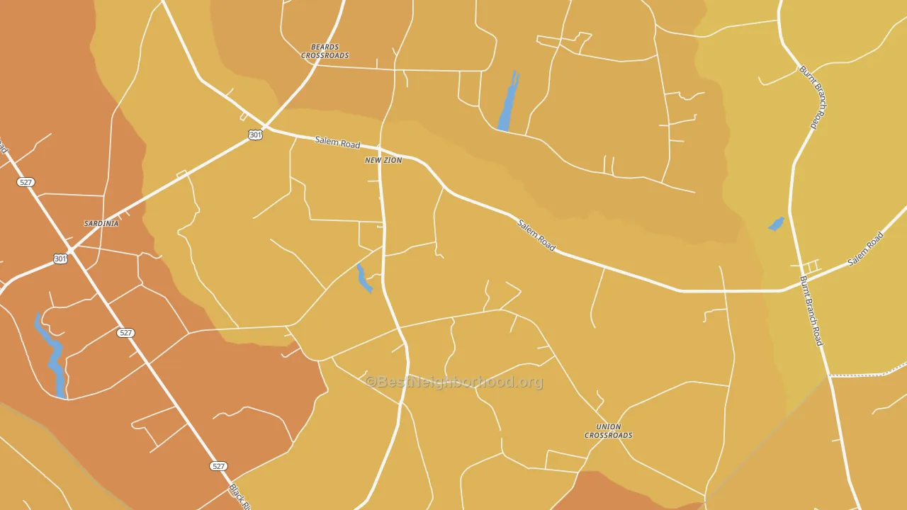 Map of the best neighborhoods in the New Zion area, with better matches in green and worse matches in red