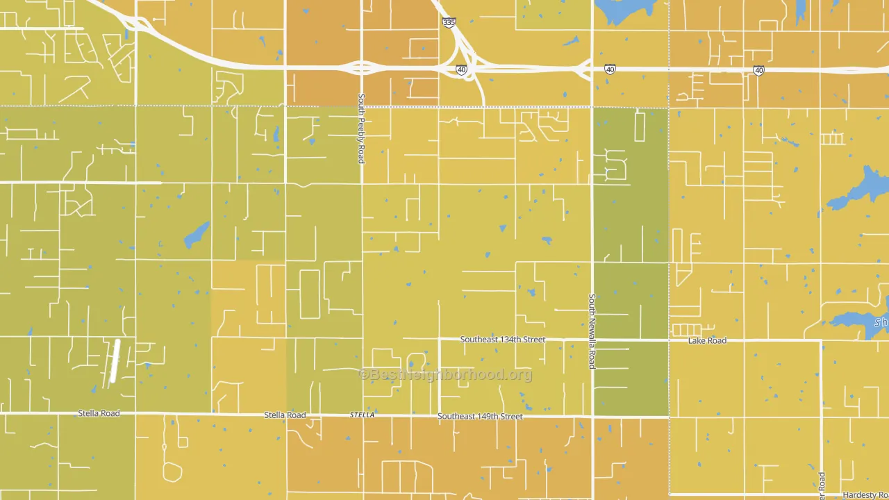 Map of the best neighborhoods in the Newalla area, with better matches in green and worse matches in red