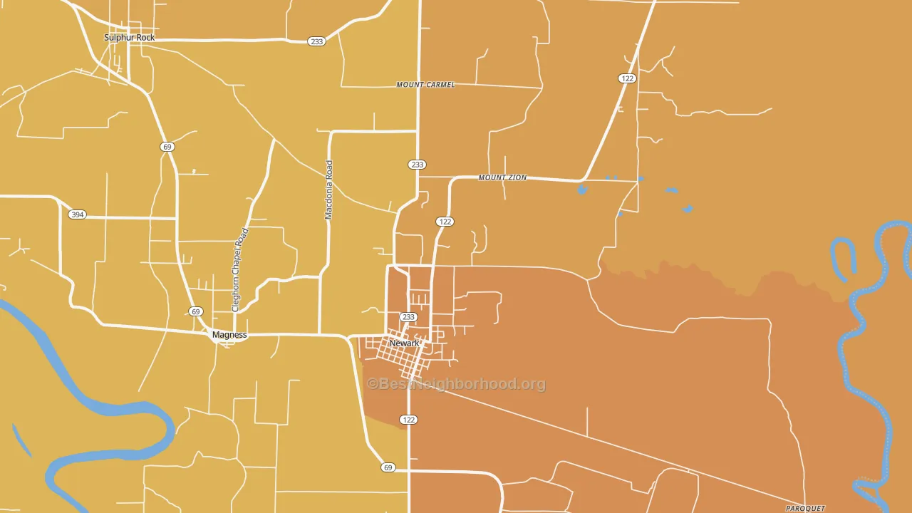Map of the best neighborhoods in the Newark area, with better matches in green and worse matches in red