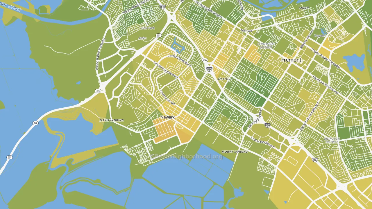 Map of the best neighborhoods in the Newark area, with better matches in green and worse matches in red