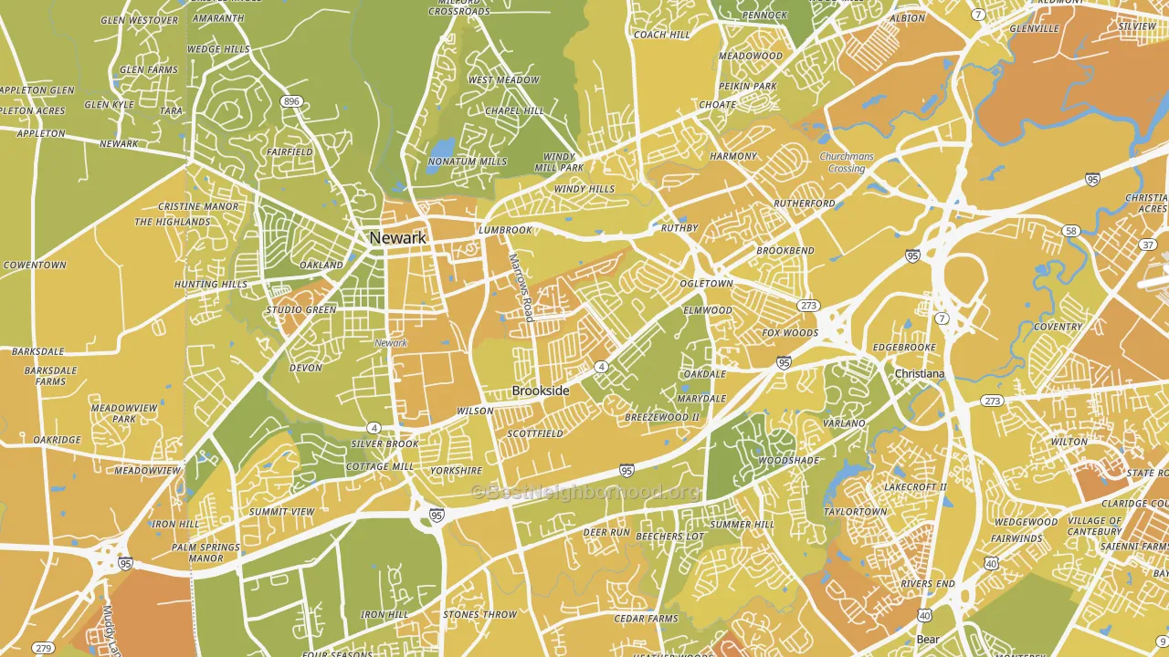 Map of the best neighborhoods in the Newark area, with better matches in green and worse matches in red