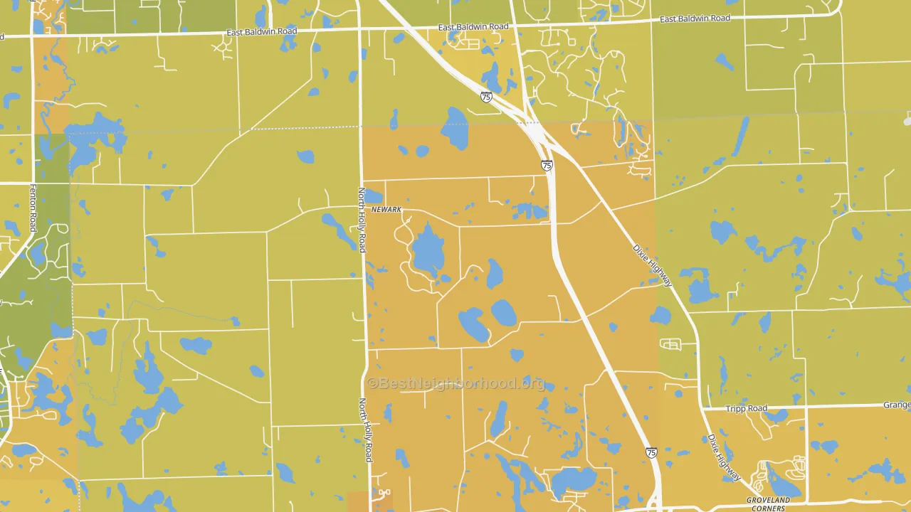 Map of the best neighborhoods in the Newark area, with better matches in green and worse matches in red