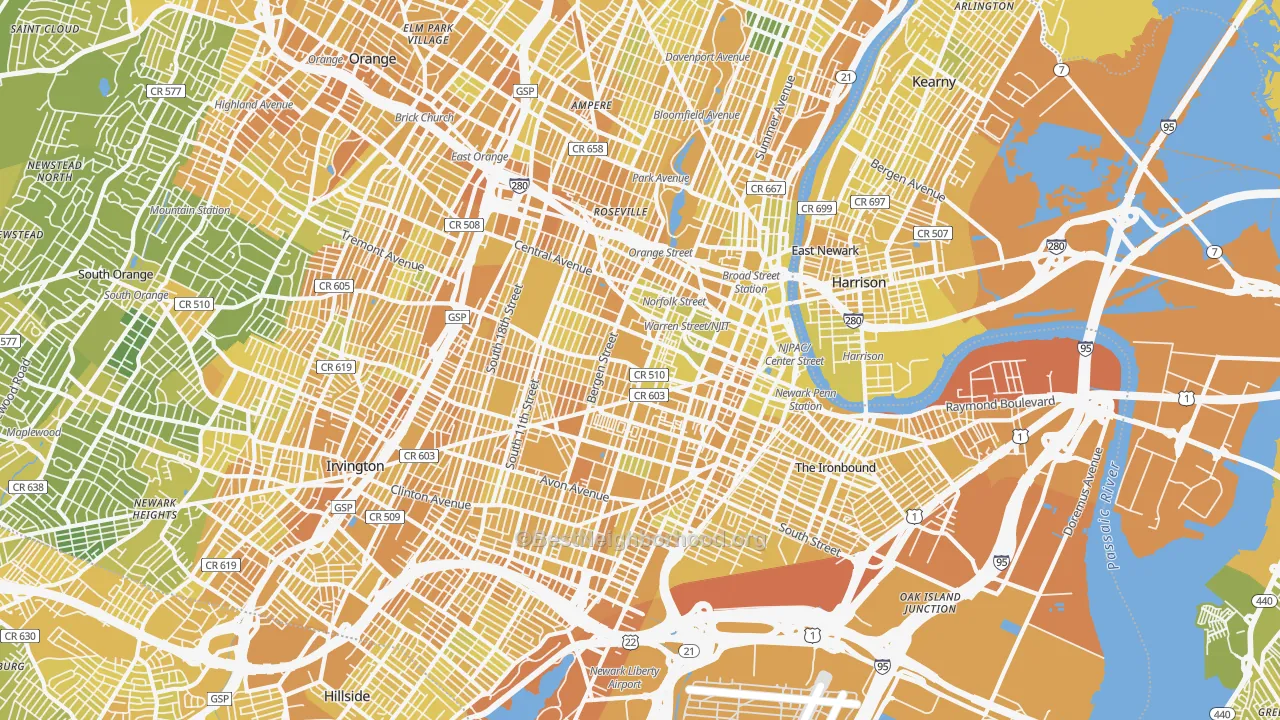 Map of the best neighborhoods in the Newark area, with better matches in green and worse matches in red