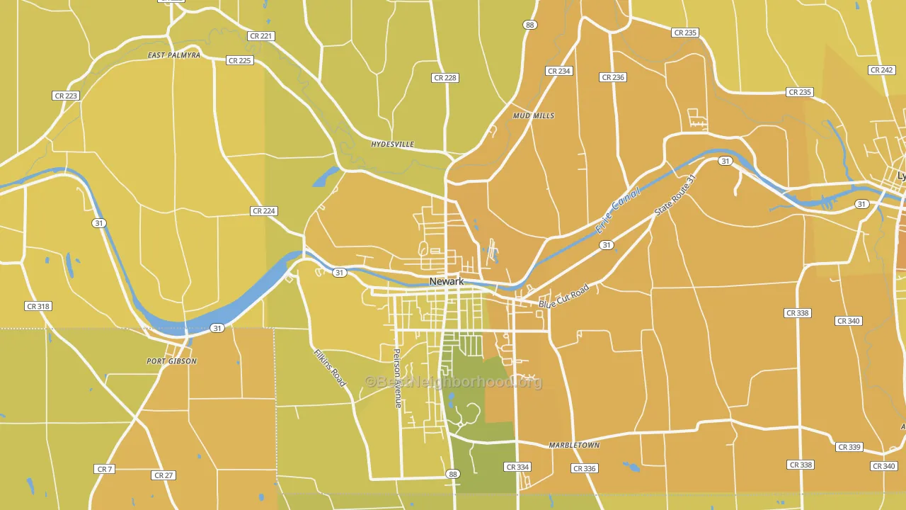 Map of the best neighborhoods in the Newark area, with better matches in green and worse matches in red