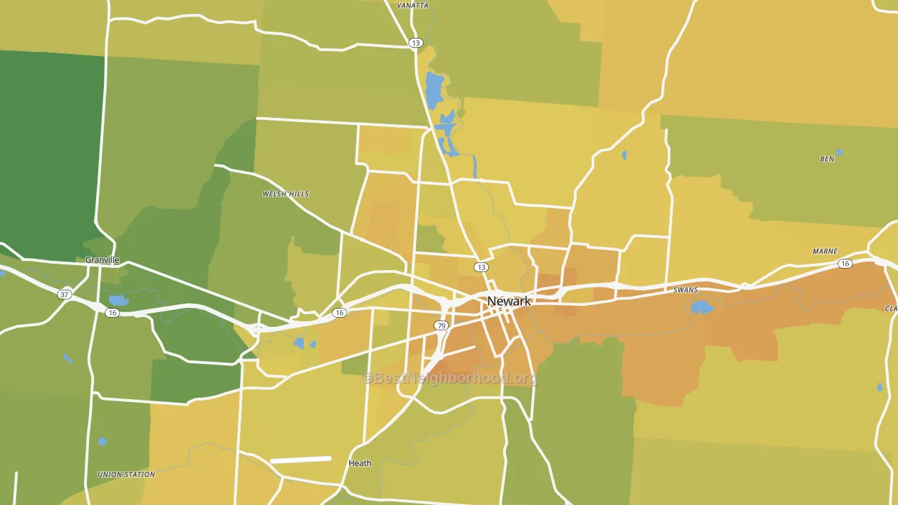 Map of the best neighborhoods in the Newark area, with better matches in green and worse matches in red