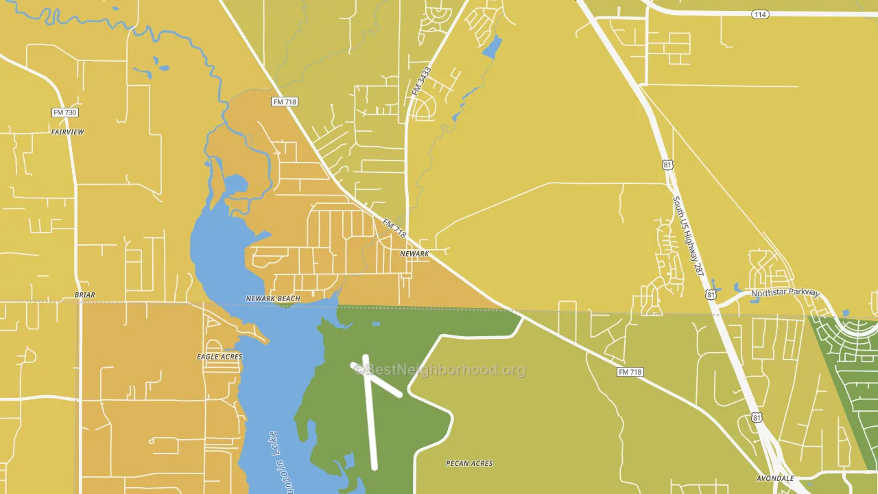 Map of the best neighborhoods in the Newark area, with better matches in green and worse matches in red