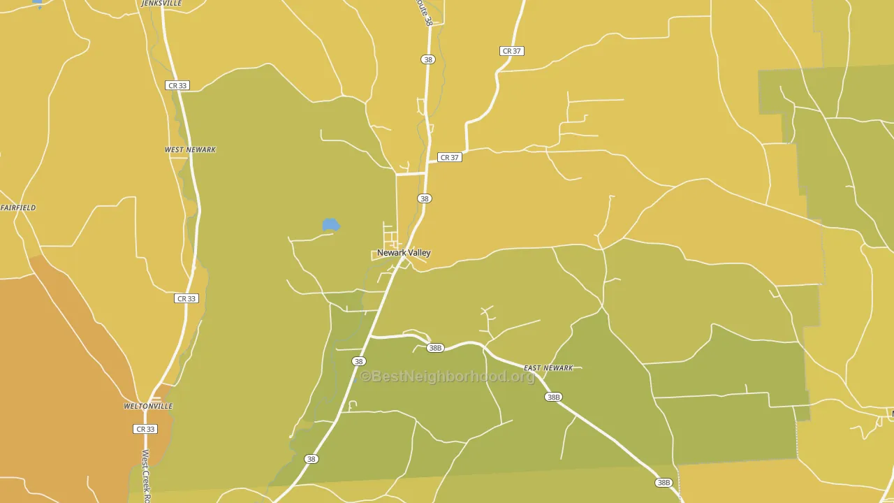 Map of the best neighborhoods in the Newark Valley area, with better matches in green and worse matches in red