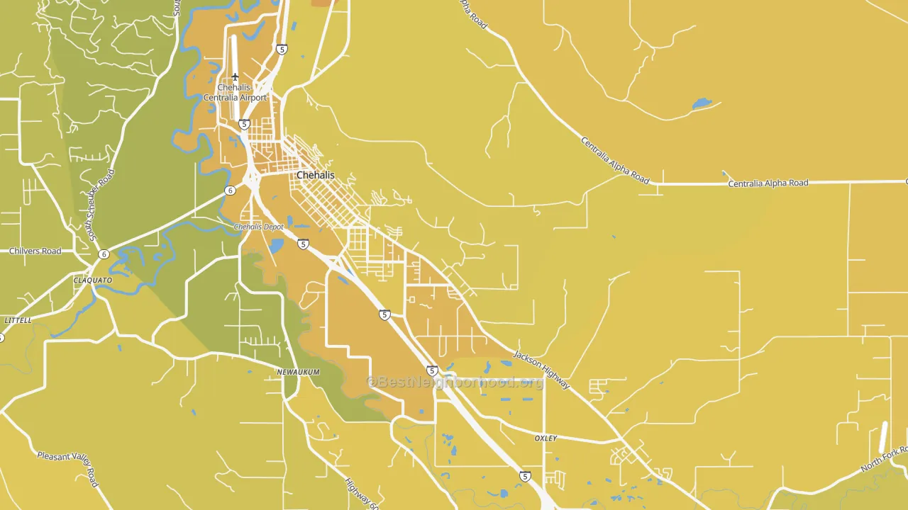 Map of the best neighborhoods in the Newaukum area, with better matches in green and worse matches in red