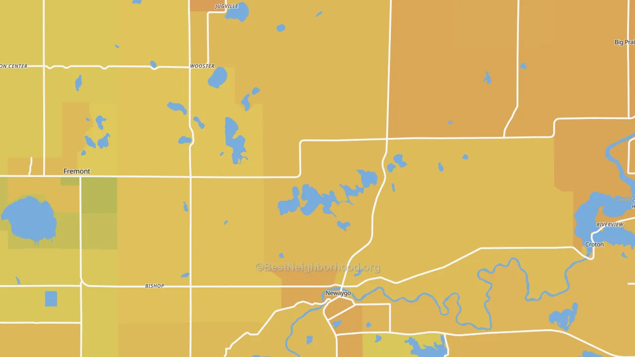 Map of the best neighborhoods in the Newaygo County area, with better matches in green and worse matches in red