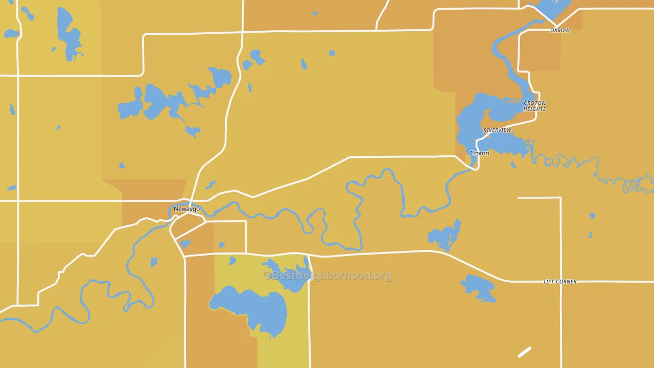 Map of the best neighborhoods in the Newaygo area, with better matches in green and worse matches in red