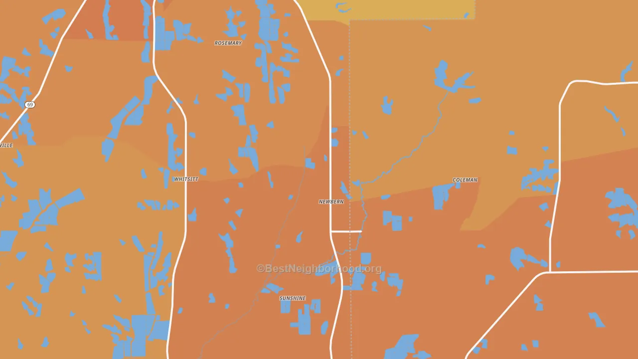 Map of the best neighborhoods in the Newbern area, with better matches in green and worse matches in red