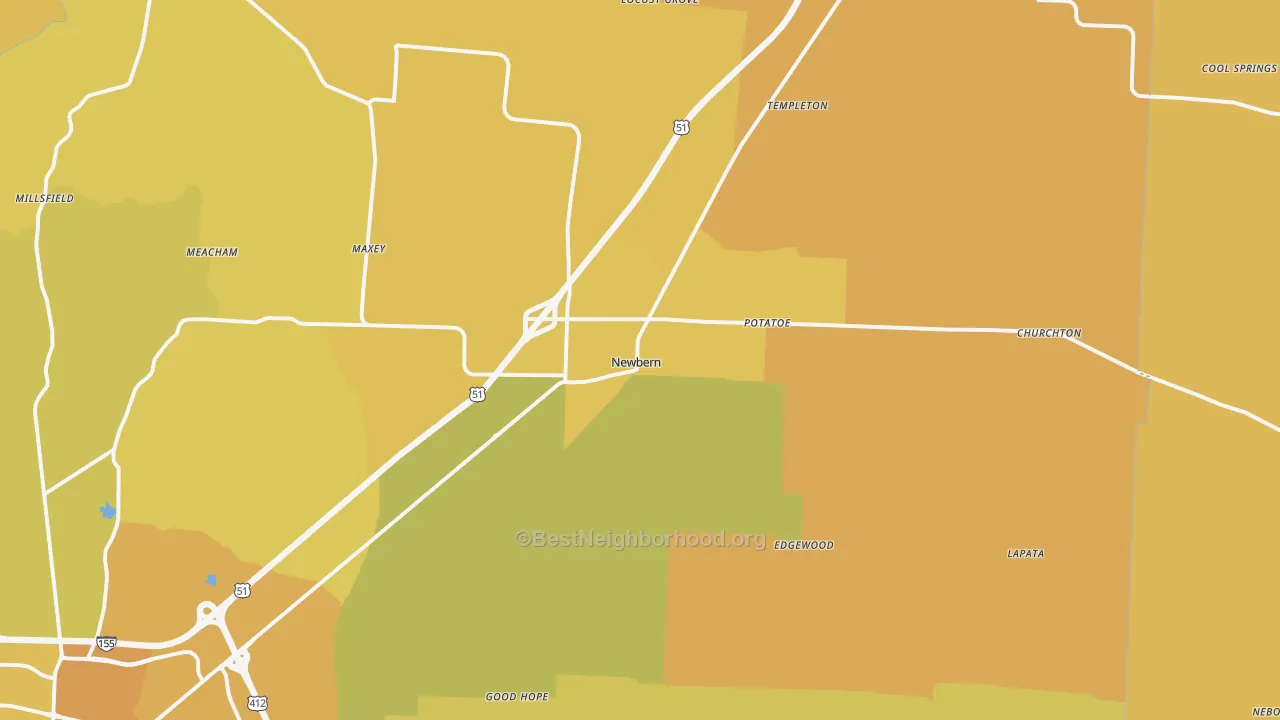Map of the best neighborhoods in the Newbern area, with better matches in green and worse matches in red