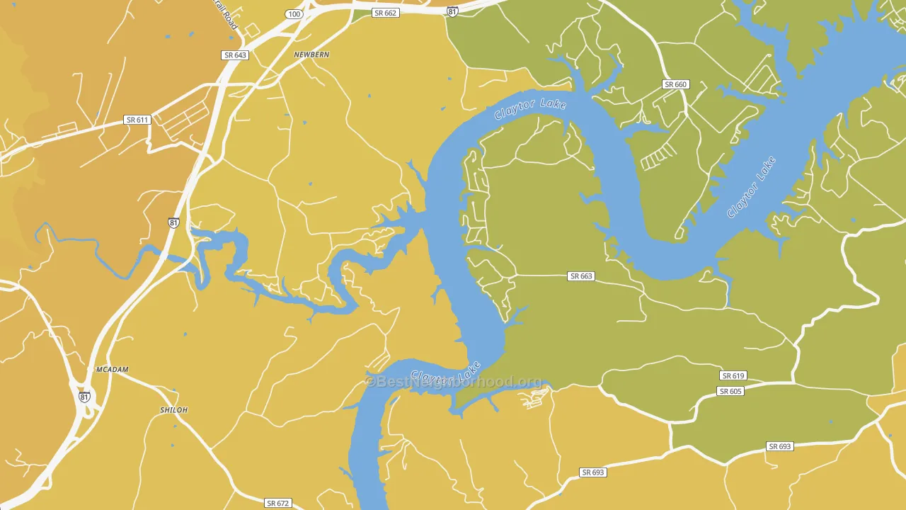 Map of the best neighborhoods in the Newbern area, with better matches in green and worse matches in red