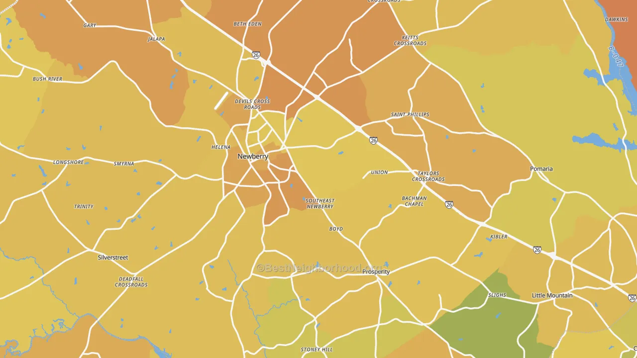 Map of the best neighborhoods in the Newberry County area, with better matches in green and worse matches in red