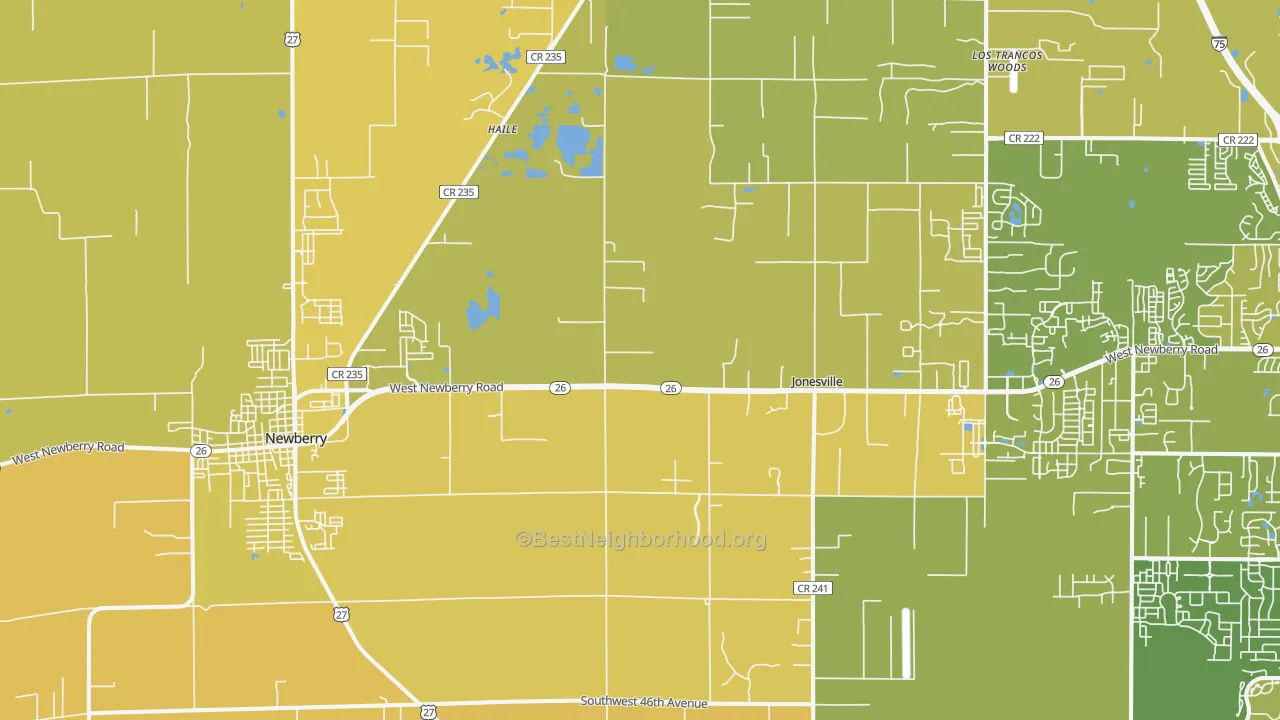 Map of the best neighborhoods in the Newberry area, with better matches in green and worse matches in red