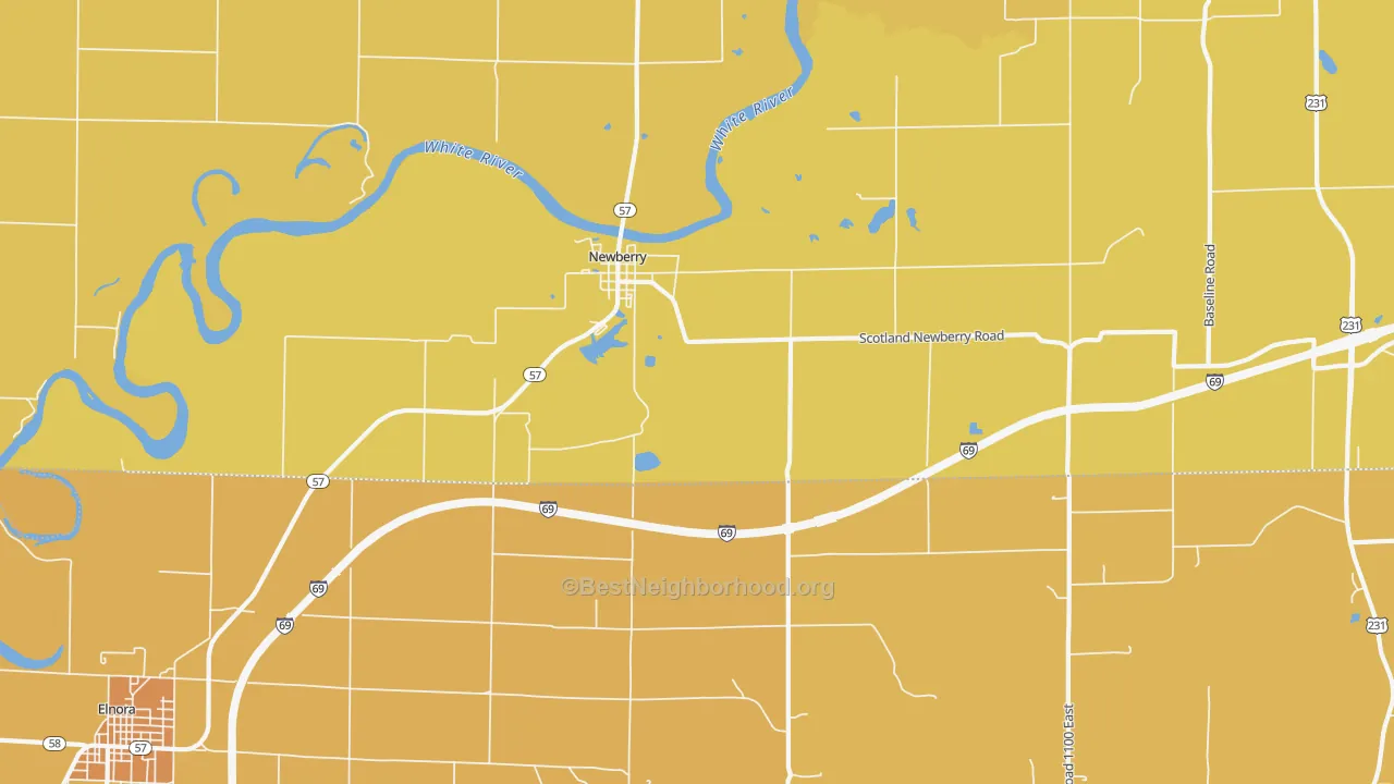Map of the best neighborhoods in the Newberry area, with better matches in green and worse matches in red