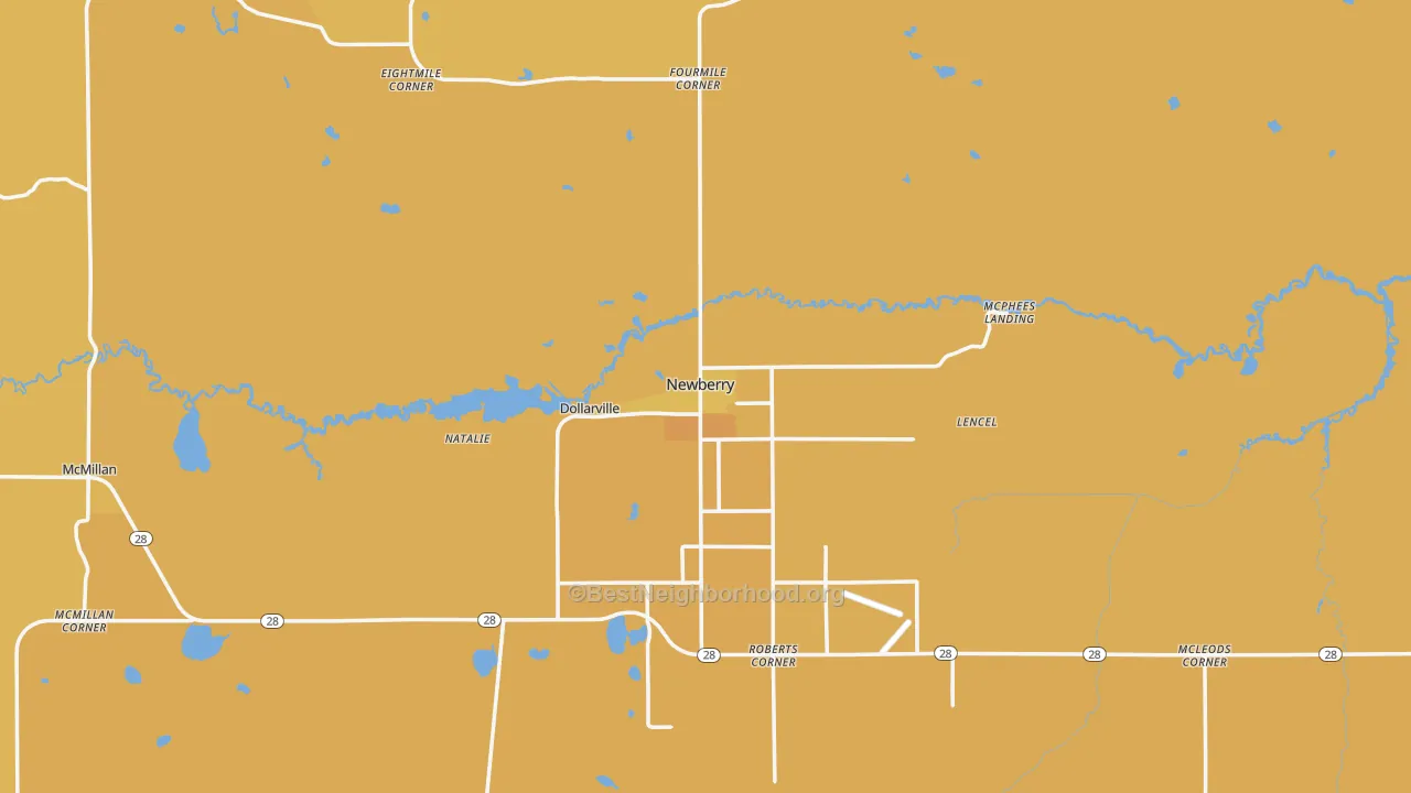 Map of the best neighborhoods in the Newberry area, with better matches in green and worse matches in red