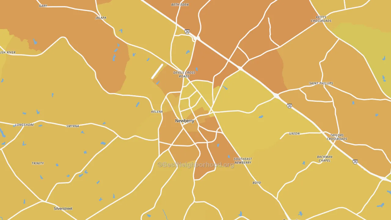 Map of the best neighborhoods in the Newberry area, with better matches in green and worse matches in red