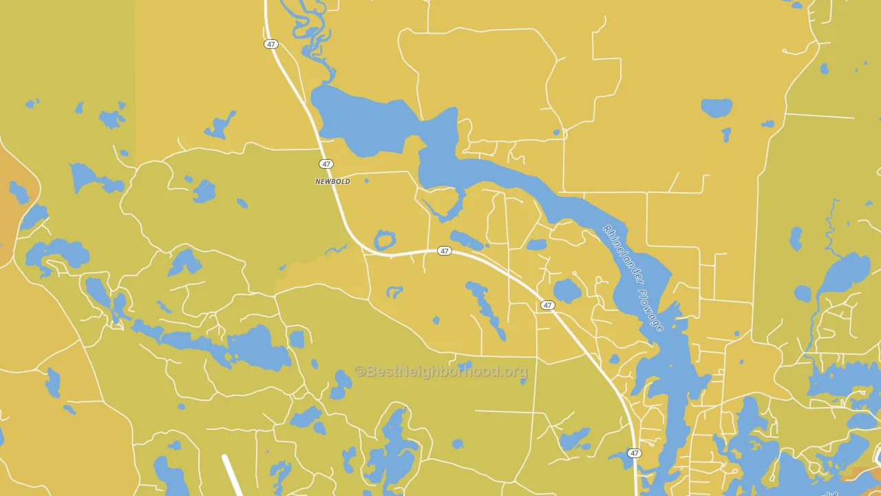 Map of the best neighborhoods in the Newbold area, with better matches in green and worse matches in red