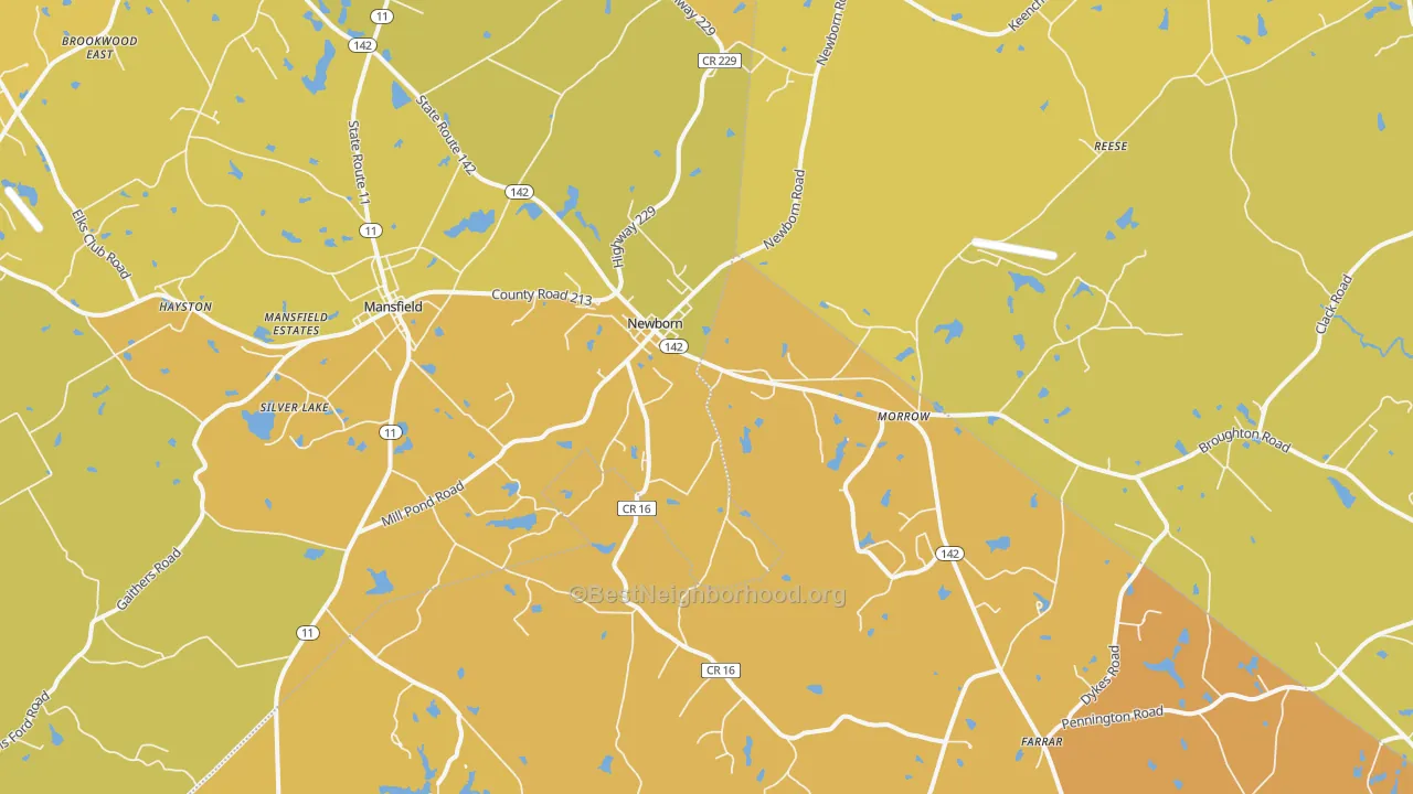 Map of the best neighborhoods in the Newborn area, with better matches in green and worse matches in red