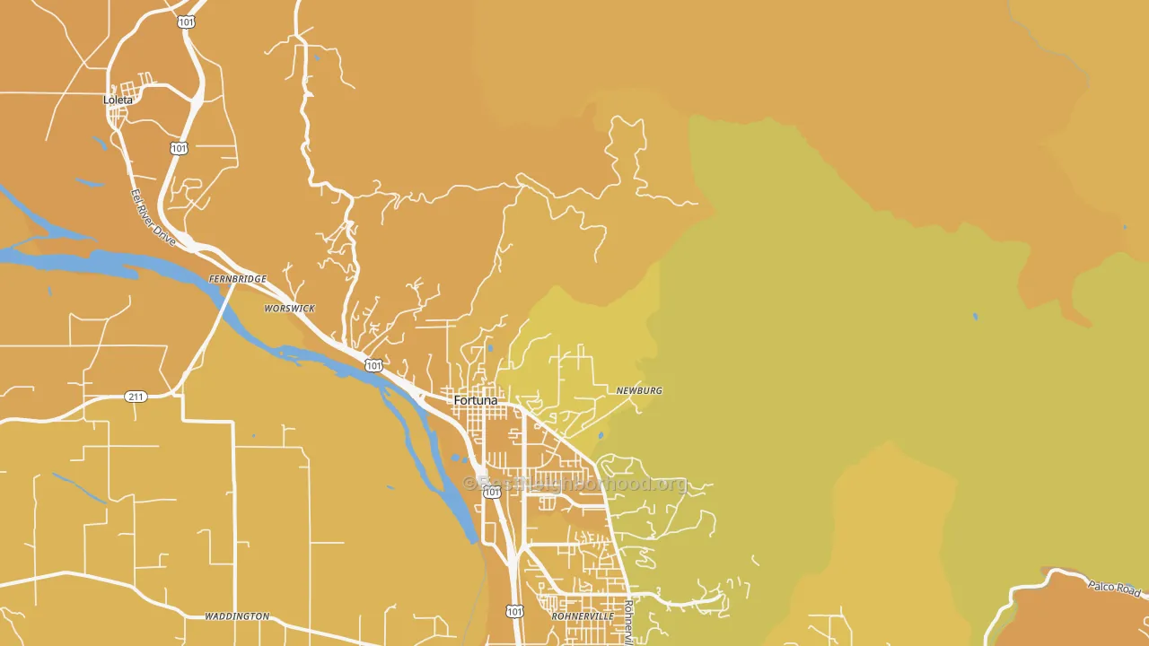 Map of the best neighborhoods in the Newburg area, with better matches in green and worse matches in red