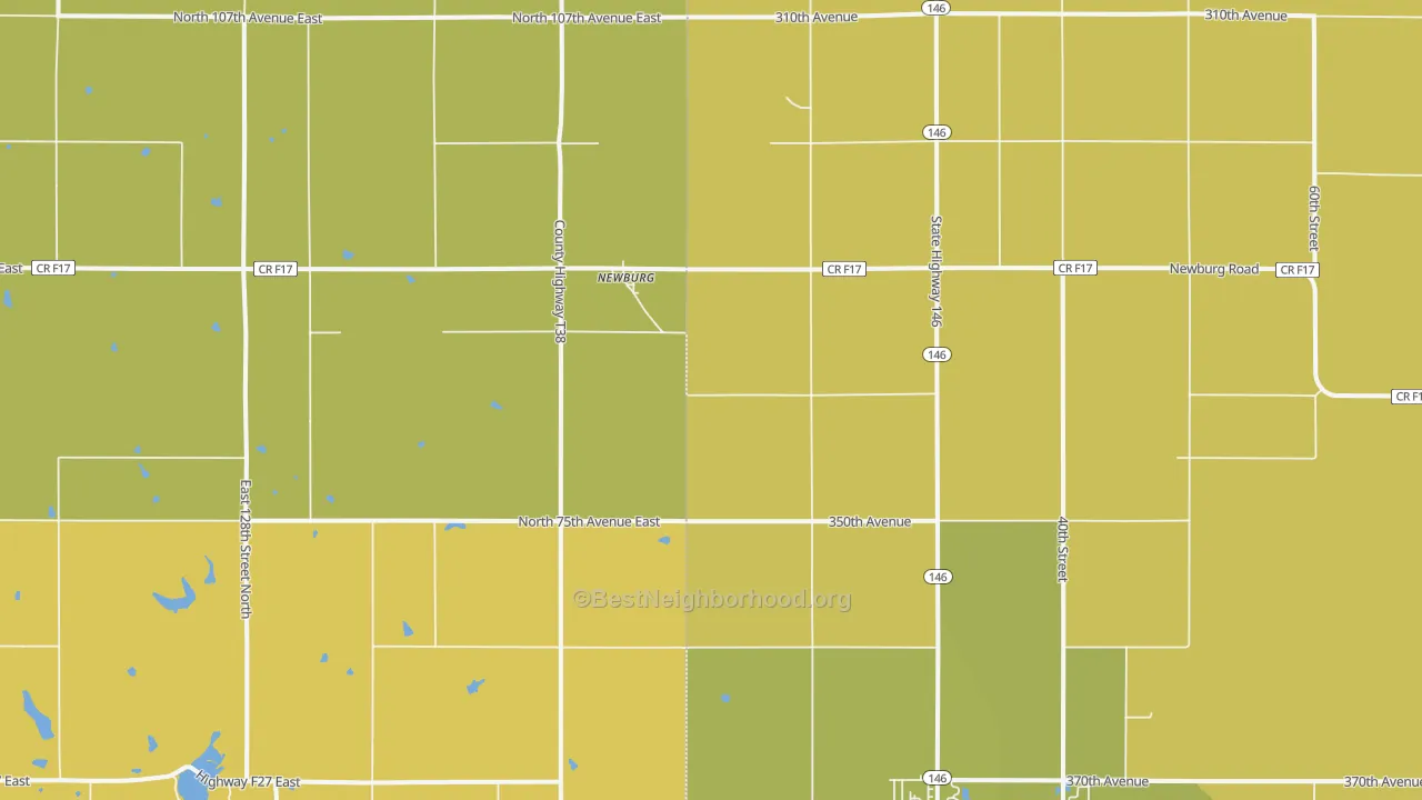 Map of the best neighborhoods in the Newburg area, with better matches in green and worse matches in red