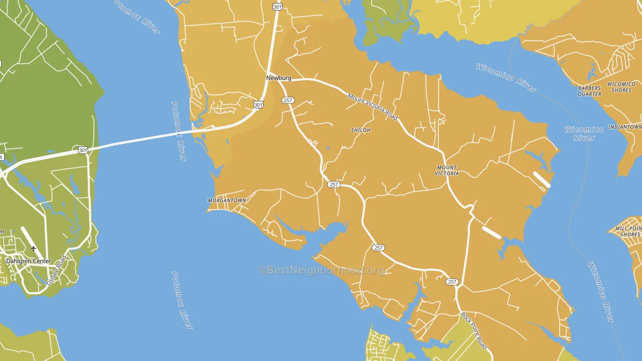 Map of the best neighborhoods in the Newburg area, with better matches in green and worse matches in red