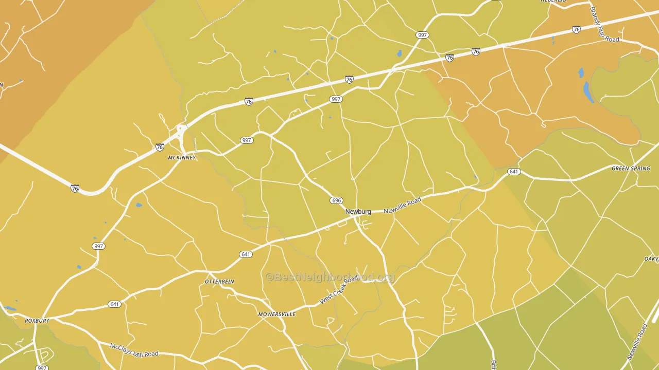 Map of the best neighborhoods in the Newburg area, with better matches in green and worse matches in red
