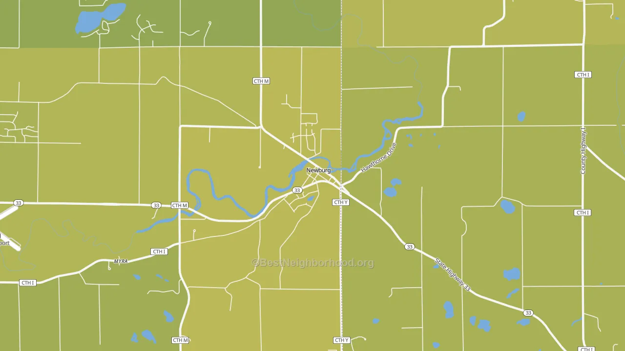 Map of the best neighborhoods in the Newburg area, with better matches in green and worse matches in red
