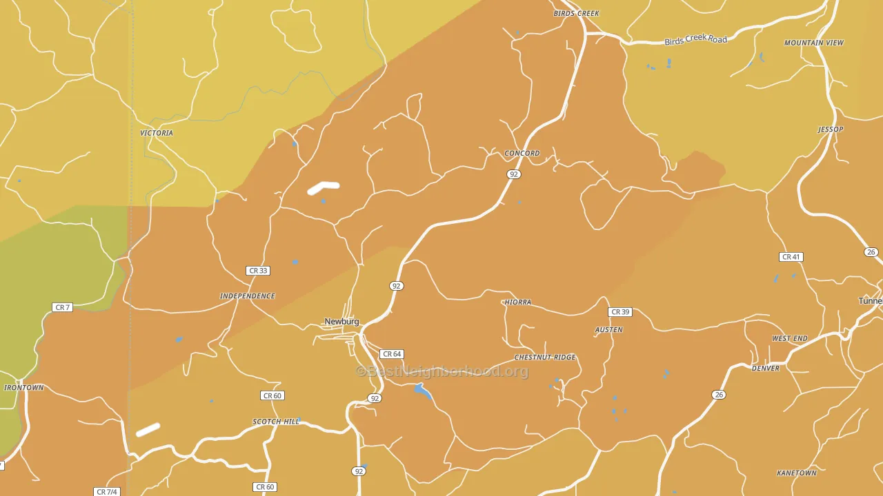 Map of the best neighborhoods in the Newburg area, with better matches in green and worse matches in red