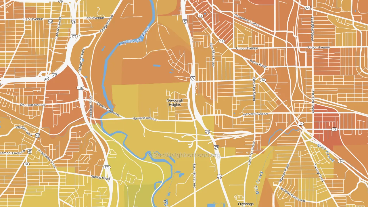 Map of the best neighborhoods in the Newburgh Heights area, with better matches in green and worse matches in red