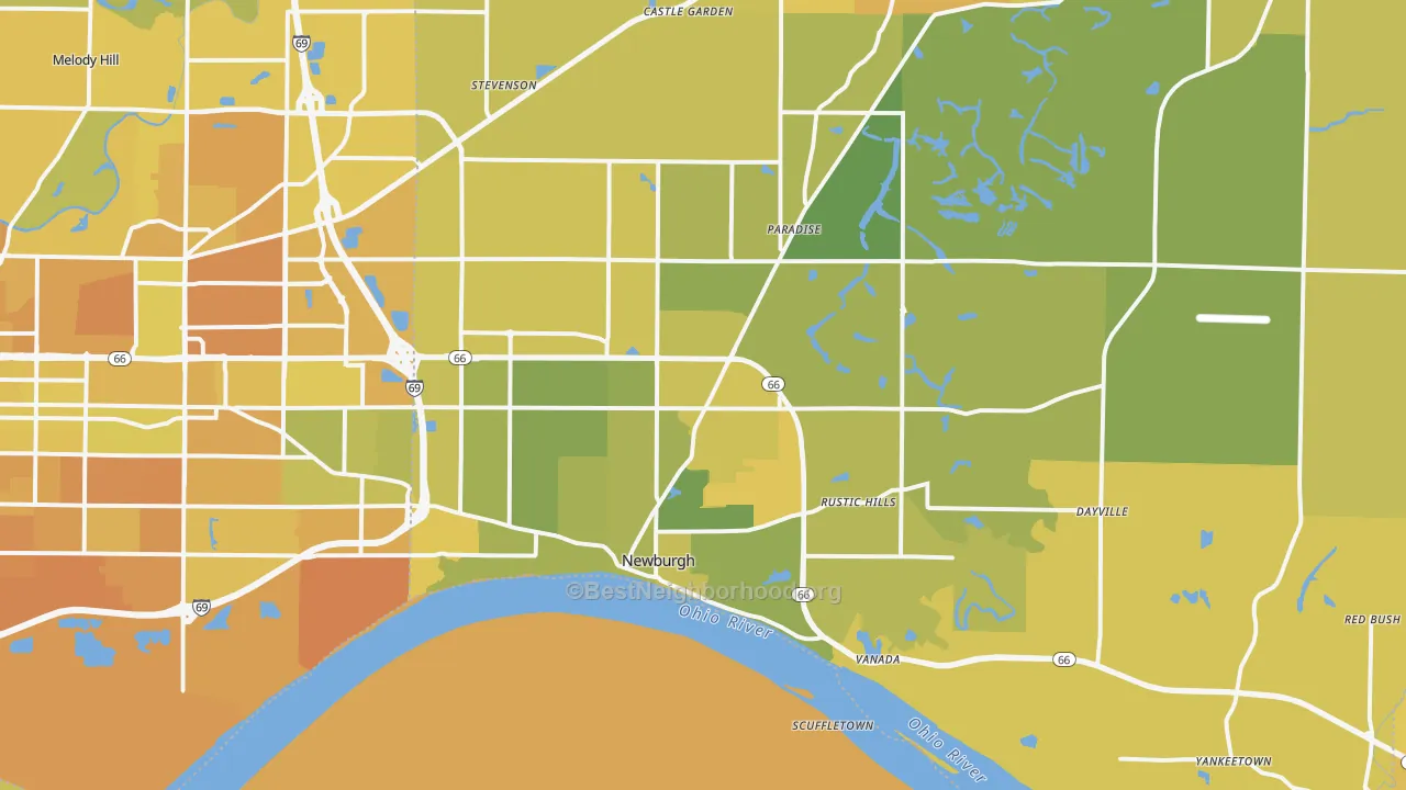Map of the best neighborhoods in the Newburgh area, with better matches in green and worse matches in red