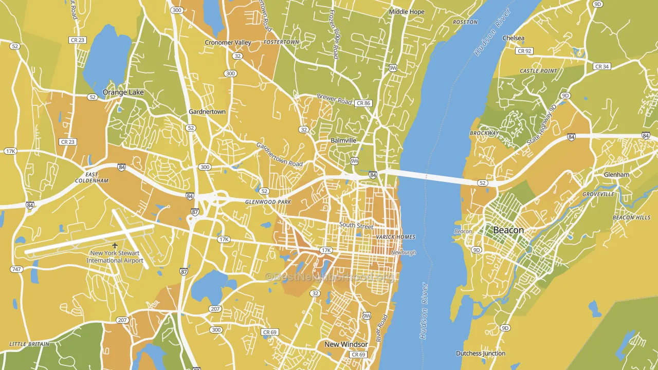 Map of the best neighborhoods in the Newburgh area, with better matches in green and worse matches in red