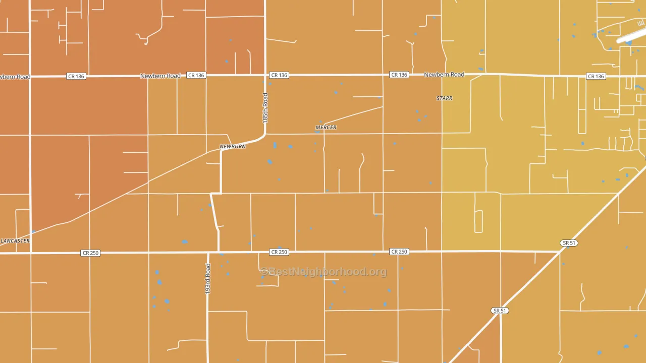 Map of the best neighborhoods in the Newburn area, with better matches in green and worse matches in red