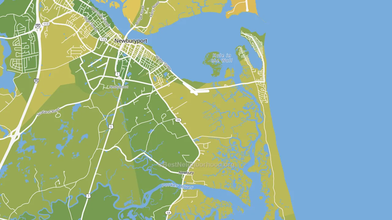 Map of the best neighborhoods in the Newbury area, with better matches in green and worse matches in red