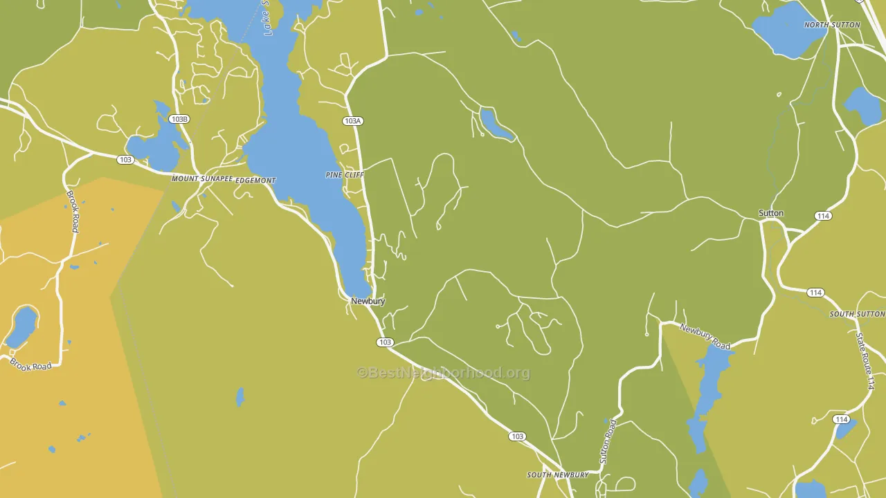 Map of the best neighborhoods in the Newbury area, with better matches in green and worse matches in red