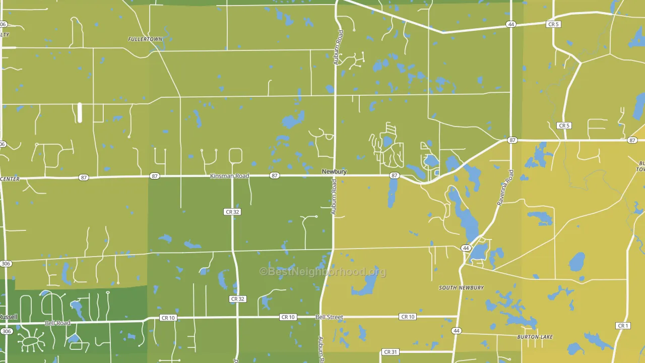 Map of the best neighborhoods in the Newbury area, with better matches in green and worse matches in red