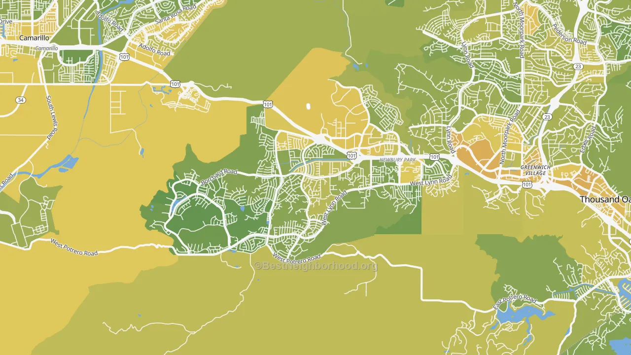 Map of the best neighborhoods in the Newbury Park area, with better matches in green and worse matches in red