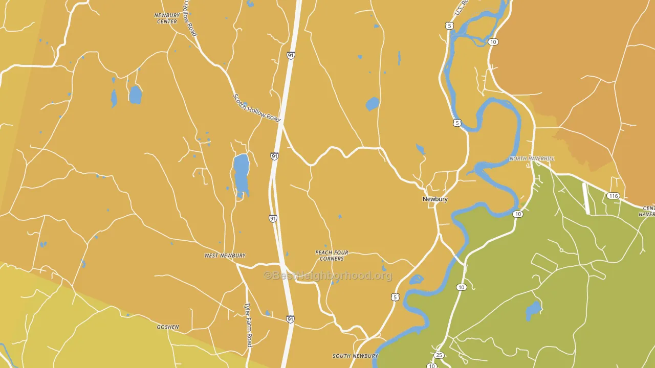 Map of the best neighborhoods in the Newbury area, with better matches in green and worse matches in red