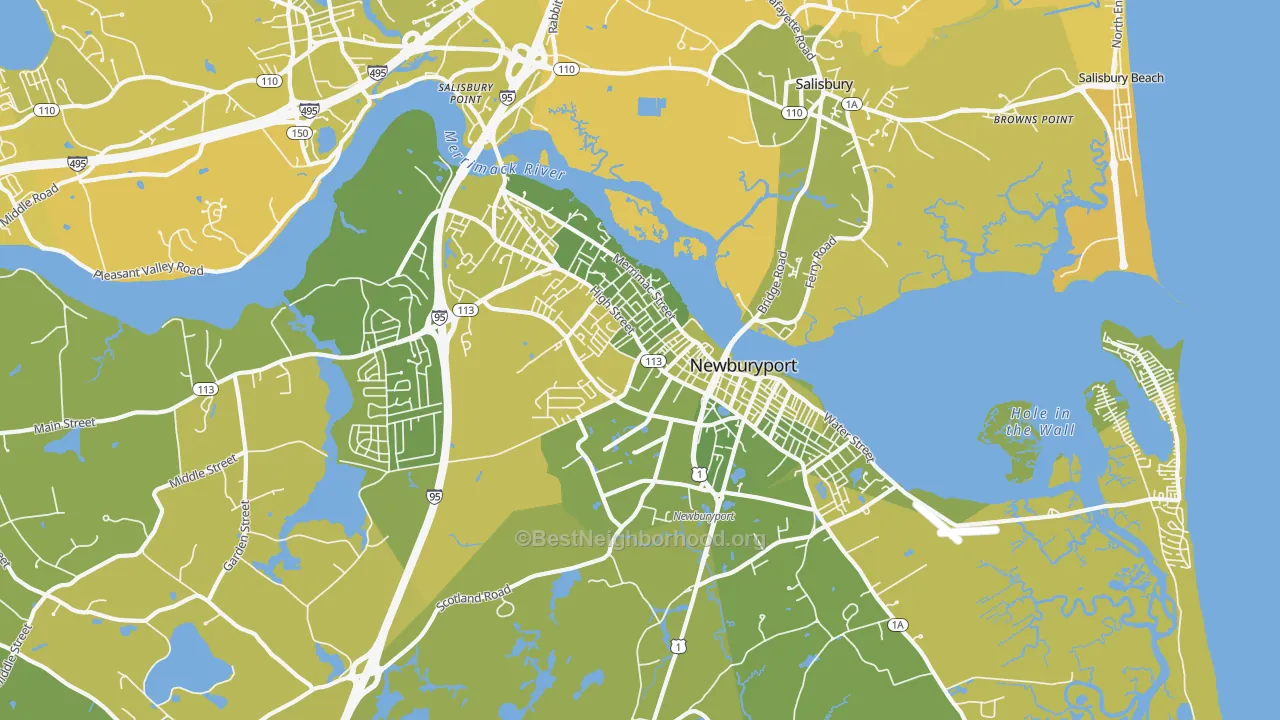 Map of the best neighborhoods in the Newburyport area, with better matches in green and worse matches in red