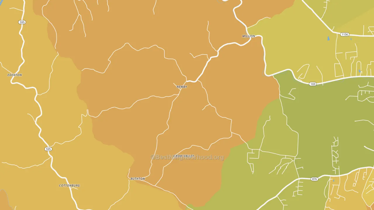 Map of the best neighborhoods in the Newby area, with better matches in green and worse matches in red