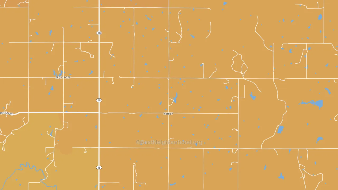 Map of the best neighborhoods in the Newby area, with better matches in green and worse matches in red