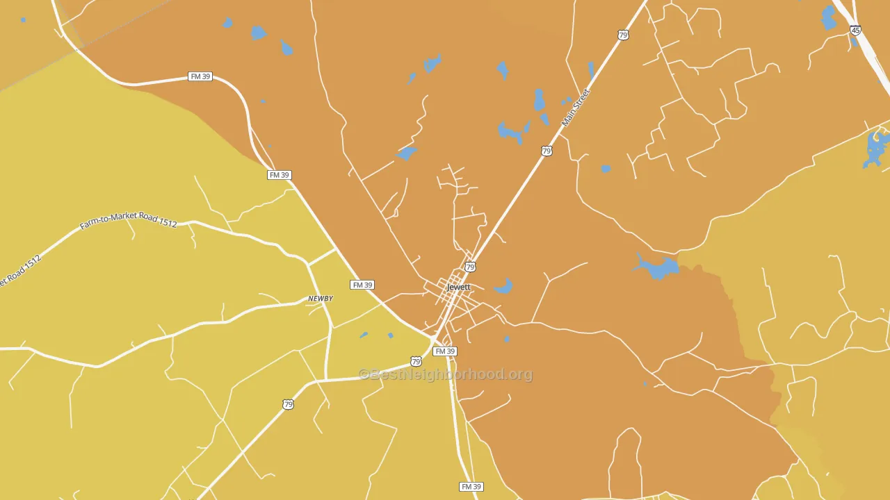 Map of the best neighborhoods in the Newby area, with better matches in green and worse matches in red