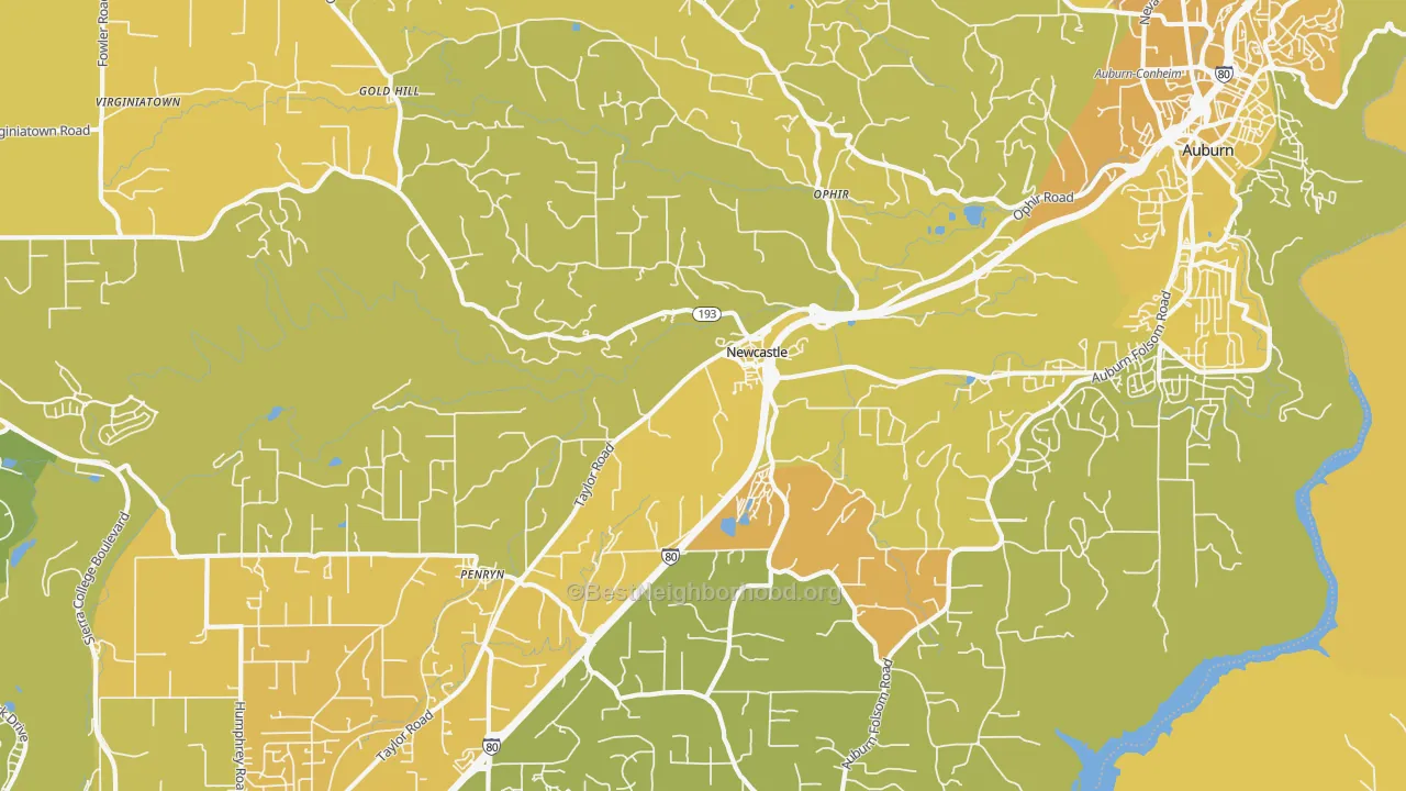 Map of the best neighborhoods in the Newcastle area, with better matches in green and worse matches in red