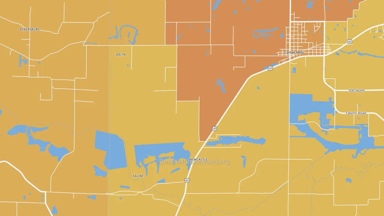 Map of the best neighborhoods in the Newcastle area, with better matches in green and worse matches in red