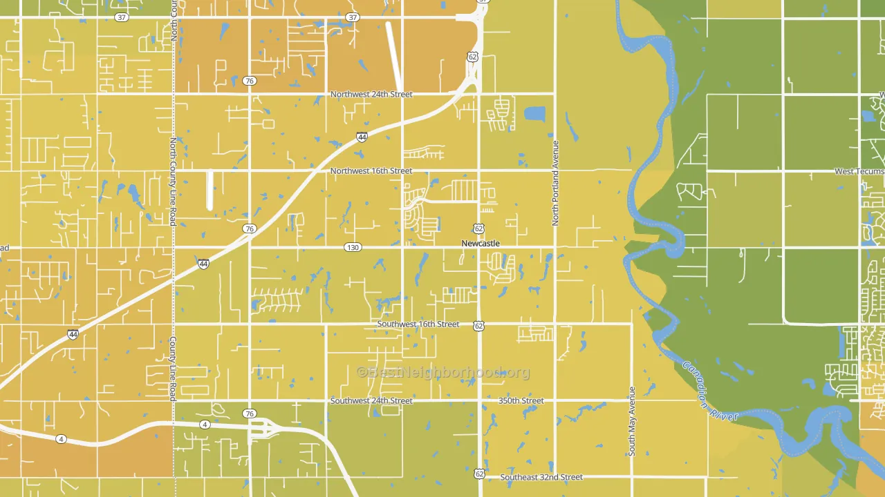 Map of the best neighborhoods in the Newcastle area, with better matches in green and worse matches in red