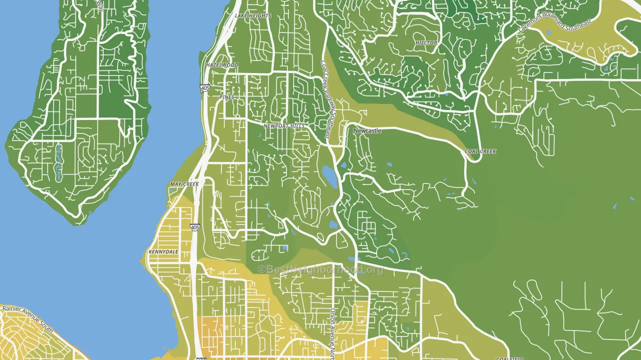 Map of the best neighborhoods in the Newcastle area, with better matches in green and worse matches in red